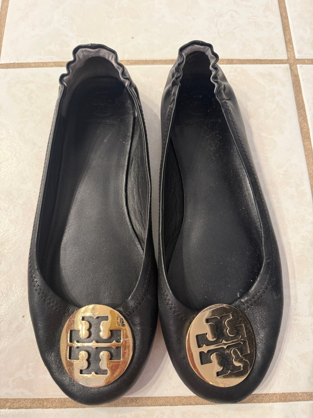 Tory Burch Black Leather Ballet Flats with Gold Logo Medallions